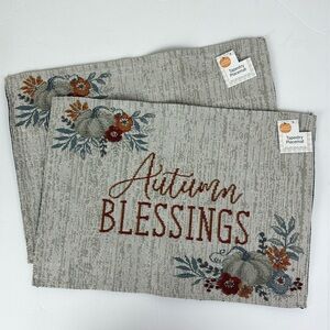 (2) Autumn Blessings Tapestry Placemats NWT pumpkins fall gray orange blue red